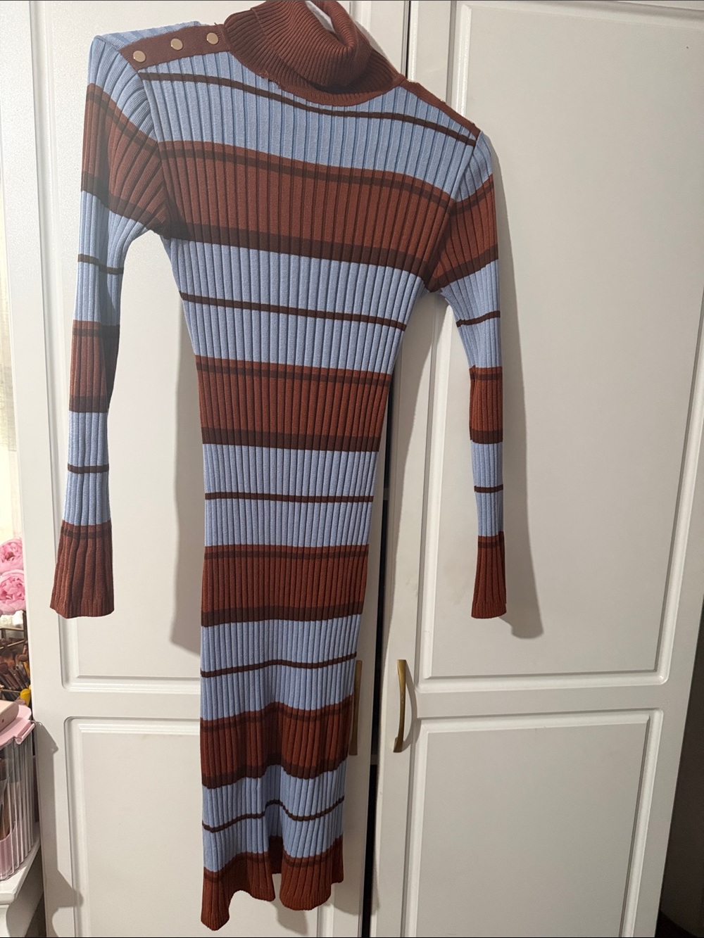 Ribbed Turtleneck Striped Knit Dress in Light Blue and Brown